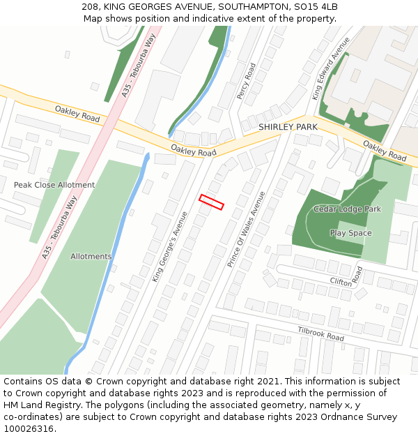 208, KING GEORGES AVENUE, SOUTHAMPTON, SO15 4LB: Location map and indicative extent of plot