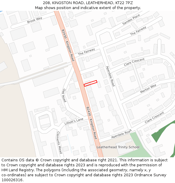 208, KINGSTON ROAD, LEATHERHEAD, KT22 7PZ: Location map and indicative extent of plot