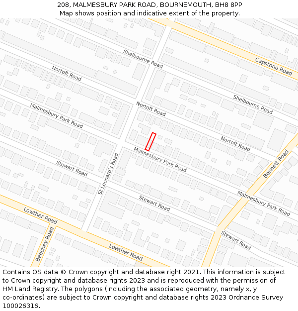 208, MALMESBURY PARK ROAD, BOURNEMOUTH, BH8 8PP: Location map and indicative extent of plot