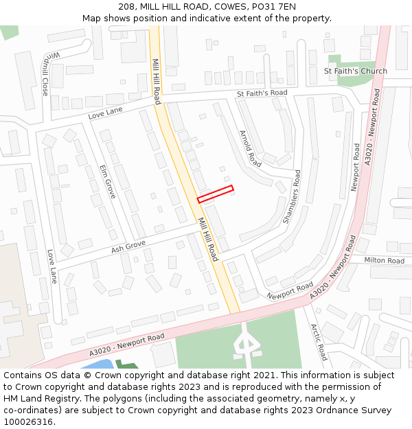 208, MILL HILL ROAD, COWES, PO31 7EN: Location map and indicative extent of plot