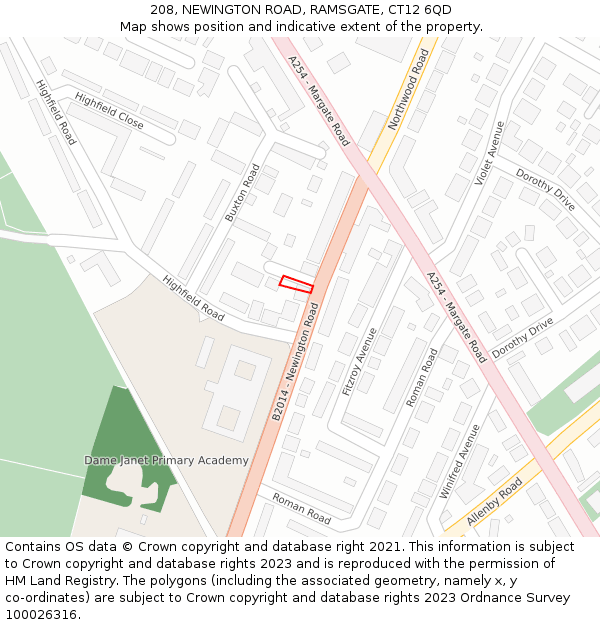 208, NEWINGTON ROAD, RAMSGATE, CT12 6QD: Location map and indicative extent of plot
