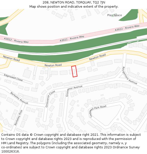 208, NEWTON ROAD, TORQUAY, TQ2 7JN: Location map and indicative extent of plot