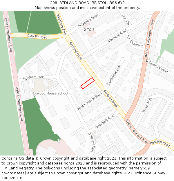 208, REDLAND ROAD, BRISTOL, BS6 6YP: Location map and indicative extent of plot