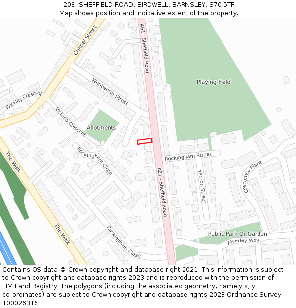 208, SHEFFIELD ROAD, BIRDWELL, BARNSLEY, S70 5TF: Location map and indicative extent of plot