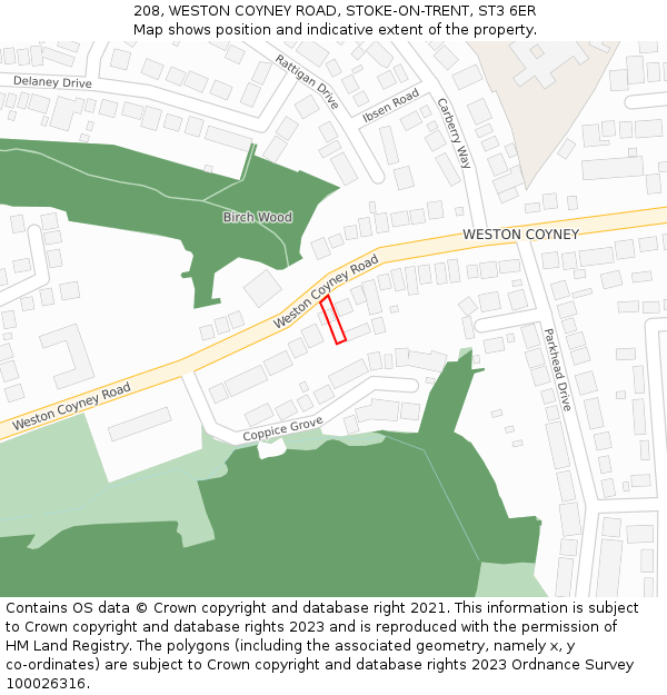 208, WESTON COYNEY ROAD, STOKE-ON-TRENT, ST3 6ER: Location map and indicative extent of plot