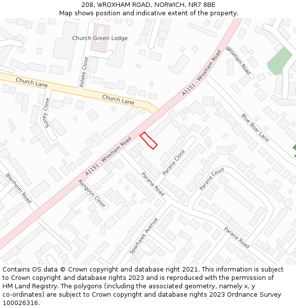 208, WROXHAM ROAD, NORWICH, NR7 8BE: Location map and indicative extent of plot