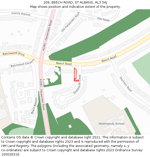 209, BEECH ROAD, ST ALBANS, AL3 5AJ: Location map and indicative extent of plot