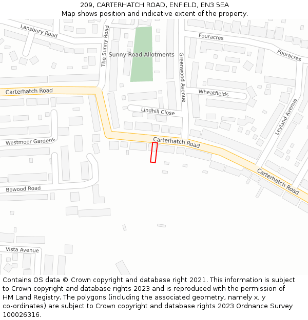 209, CARTERHATCH ROAD, ENFIELD, EN3 5EA: Location map and indicative extent of plot