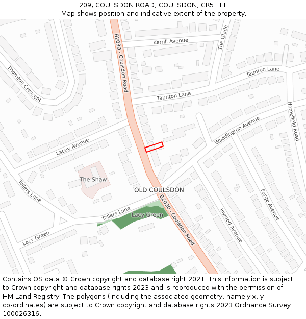 209, COULSDON ROAD, COULSDON, CR5 1EL: Location map and indicative extent of plot