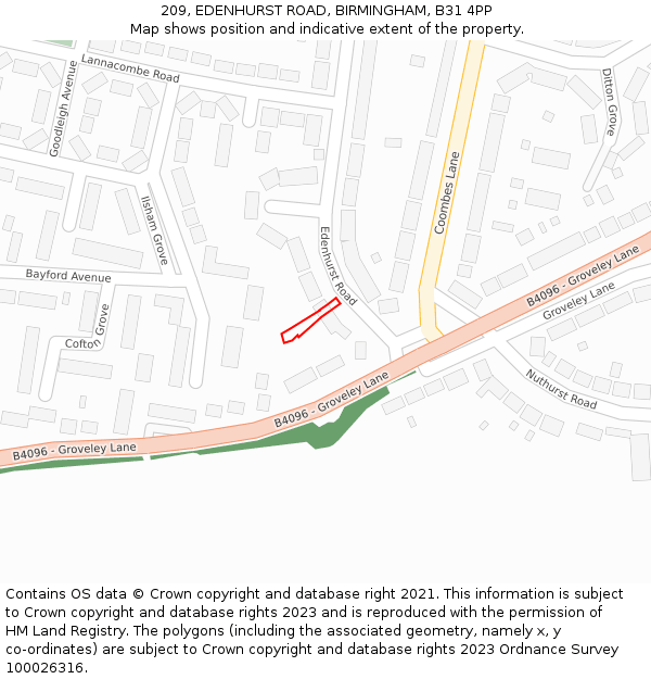 209, EDENHURST ROAD, BIRMINGHAM, B31 4PP: Location map and indicative extent of plot