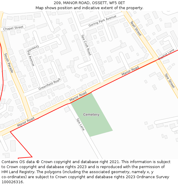 209, MANOR ROAD, OSSETT, WF5 0ET: Location map and indicative extent of plot