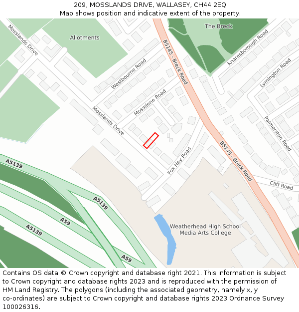 209, MOSSLANDS DRIVE, WALLASEY, CH44 2EQ: Location map and indicative extent of plot