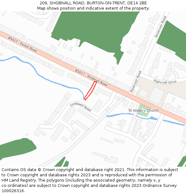 209, SHOBNALL ROAD, BURTON-ON-TRENT, DE14 2BE: Location map and indicative extent of plot