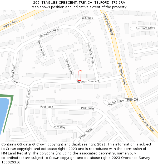 209, TEAGUES CRESCENT, TRENCH, TELFORD, TF2 6RA: Location map and indicative extent of plot