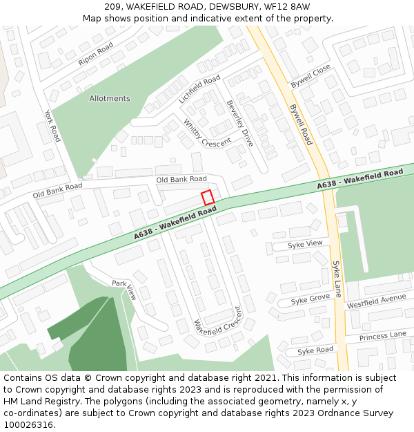 209, WAKEFIELD ROAD, DEWSBURY, WF12 8AW: Location map and indicative extent of plot
