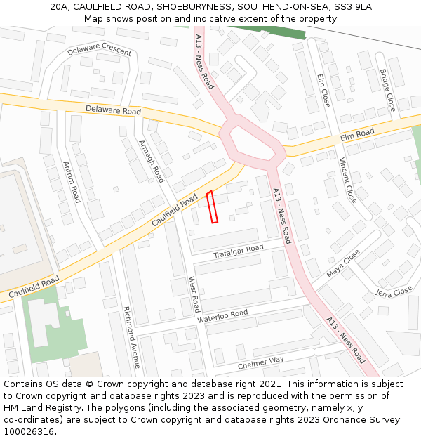 20A, CAULFIELD ROAD, SHOEBURYNESS, SOUTHEND-ON-SEA, SS3 9LA: Location map and indicative extent of plot
