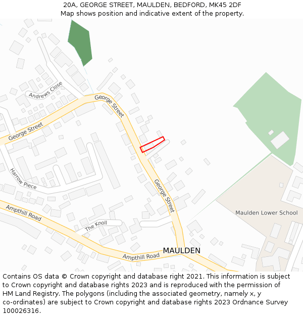 20A, GEORGE STREET, MAULDEN, BEDFORD, MK45 2DF: Location map and indicative extent of plot