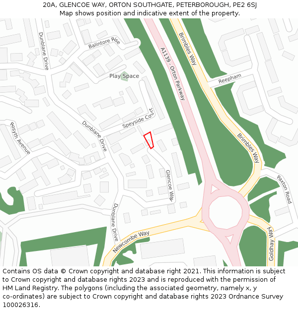 20A, GLENCOE WAY, ORTON SOUTHGATE, PETERBOROUGH, PE2 6SJ: Location map and indicative extent of plot