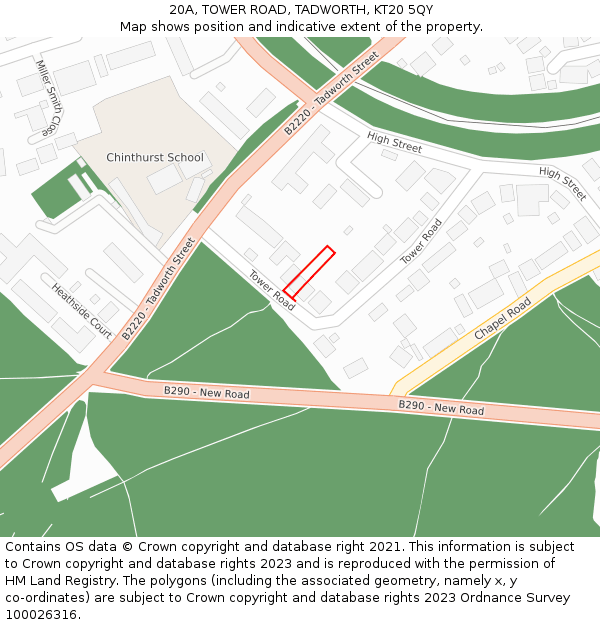 20A, TOWER ROAD, TADWORTH, KT20 5QY: Location map and indicative extent of plot