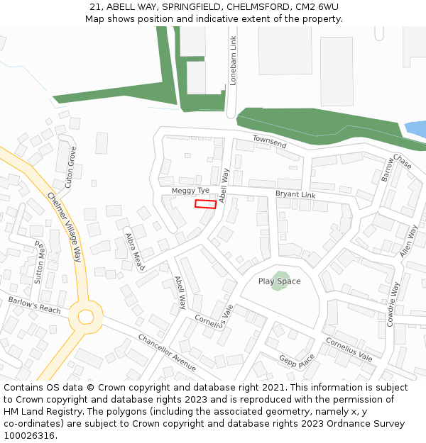 21, ABELL WAY, SPRINGFIELD, CHELMSFORD, CM2 6WU: Location map and indicative extent of plot