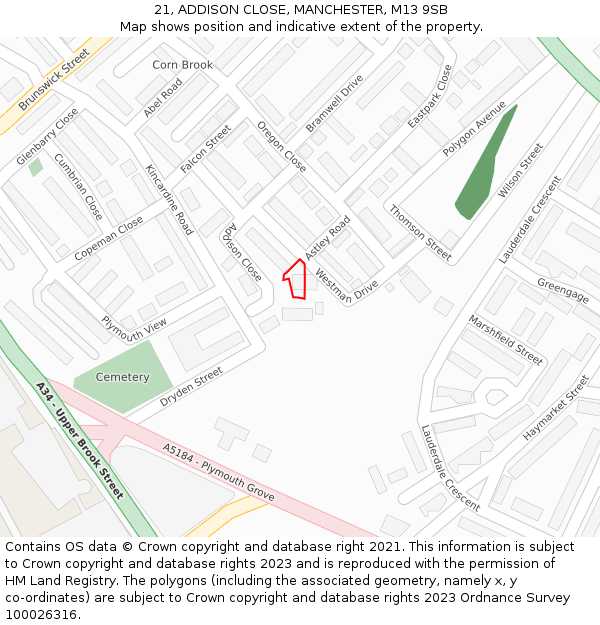 21, ADDISON CLOSE, MANCHESTER, M13 9SB: Location map and indicative extent of plot