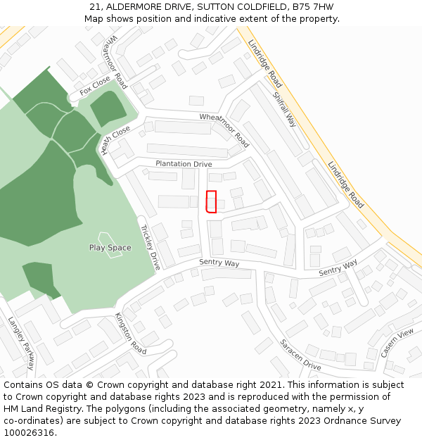 21, ALDERMORE DRIVE, SUTTON COLDFIELD, B75 7HW: Location map and indicative extent of plot