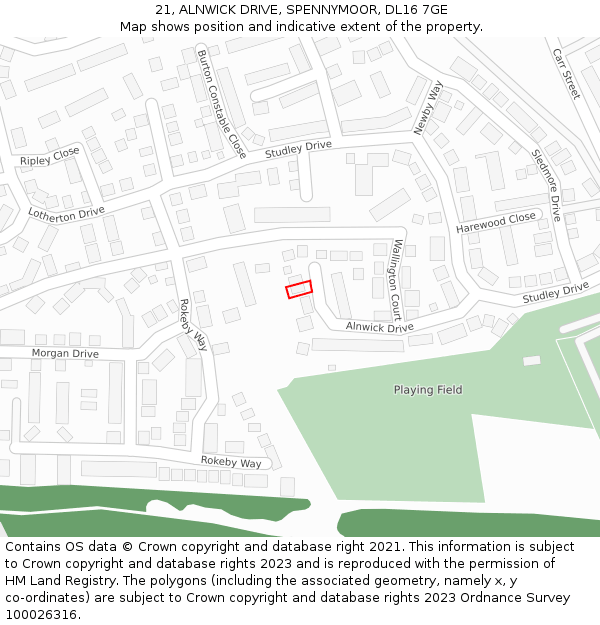 21, ALNWICK DRIVE, SPENNYMOOR, DL16 7GE: Location map and indicative extent of plot