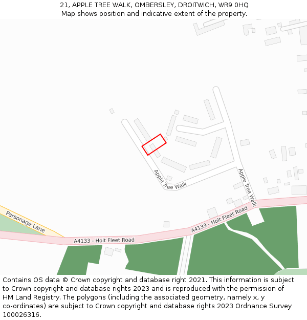 21, APPLE TREE WALK, OMBERSLEY, DROITWICH, WR9 0HQ: Location map and indicative extent of plot