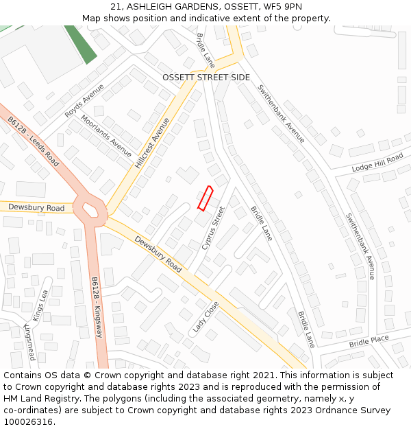 21, ASHLEIGH GARDENS, OSSETT, WF5 9PN: Location map and indicative extent of plot