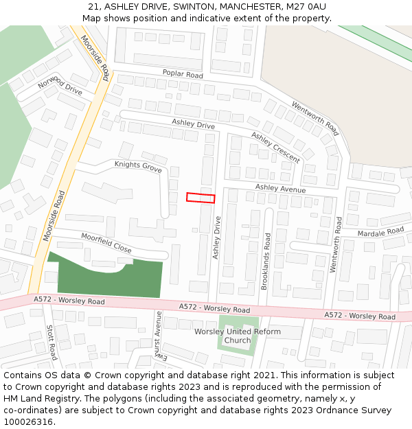 21, ASHLEY DRIVE, SWINTON, MANCHESTER, M27 0AU: Location map and indicative extent of plot