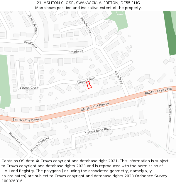 21, ASHTON CLOSE, SWANWICK, ALFRETON, DE55 1HG: Location map and indicative extent of plot
