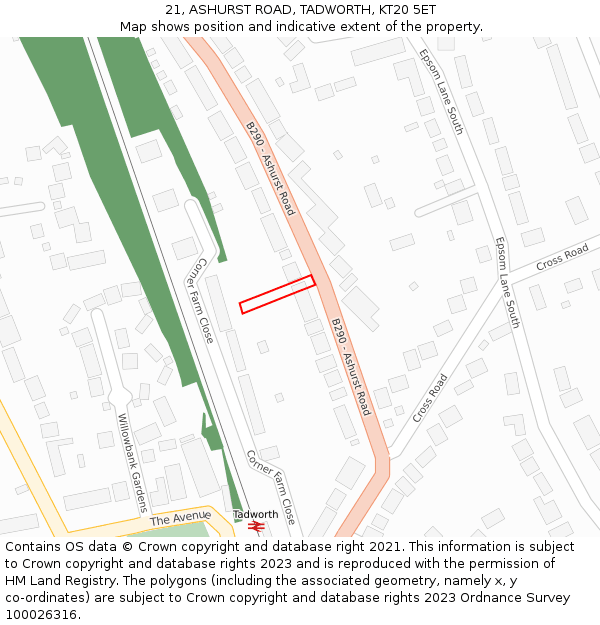 21, ASHURST ROAD, TADWORTH, KT20 5ET: Location map and indicative extent of plot