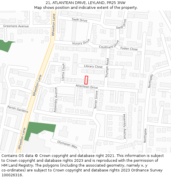 21, ATLANTEAN DRIVE, LEYLAND, PR25 3NW: Location map and indicative extent of plot