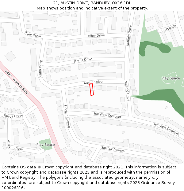 21, AUSTIN DRIVE, BANBURY, OX16 1DL: Location map and indicative extent of plot