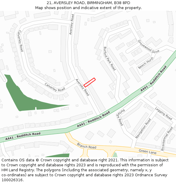 21, AVERSLEY ROAD, BIRMINGHAM, B38 8PD: Location map and indicative extent of plot