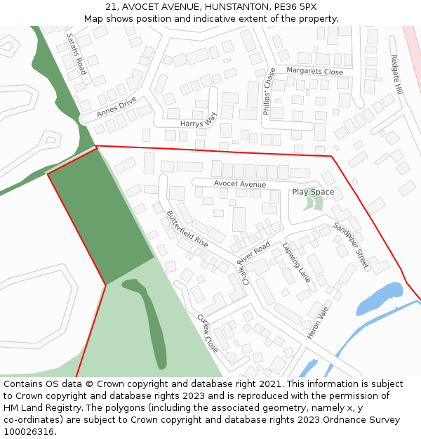 21, AVOCET AVENUE, HUNSTANTON, PE36 5PX: Location map and indicative extent of plot