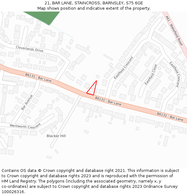 21, BAR LANE, STAINCROSS, BARNSLEY, S75 6GE: Location map and indicative extent of plot