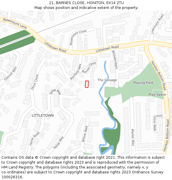 21, BARNES CLOSE, HONITON, EX14 2TU: Location map and indicative extent of plot