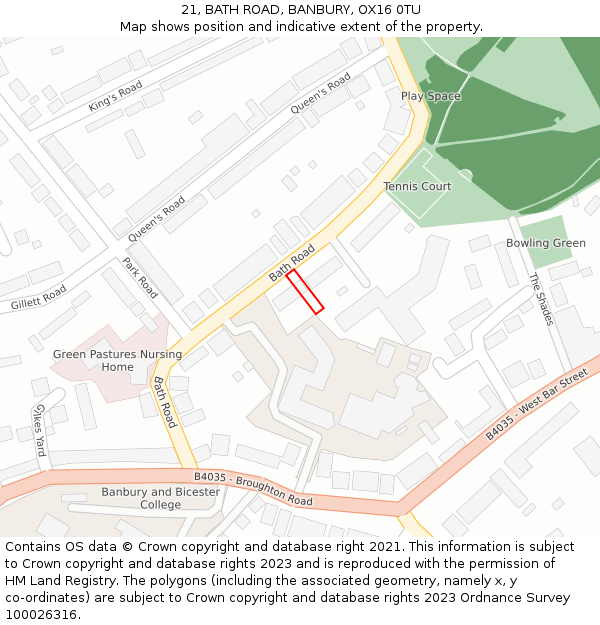 21, BATH ROAD, BANBURY, OX16 0TU: Location map and indicative extent of plot