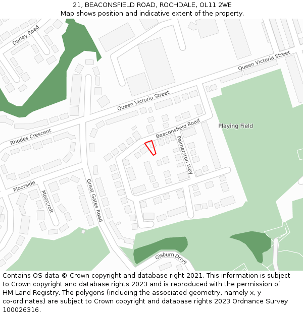 21, BEACONSFIELD ROAD, ROCHDALE, OL11 2WE: Location map and indicative extent of plot