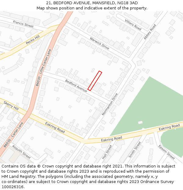 21, BEDFORD AVENUE, MANSFIELD, NG18 3AD: Location map and indicative extent of plot