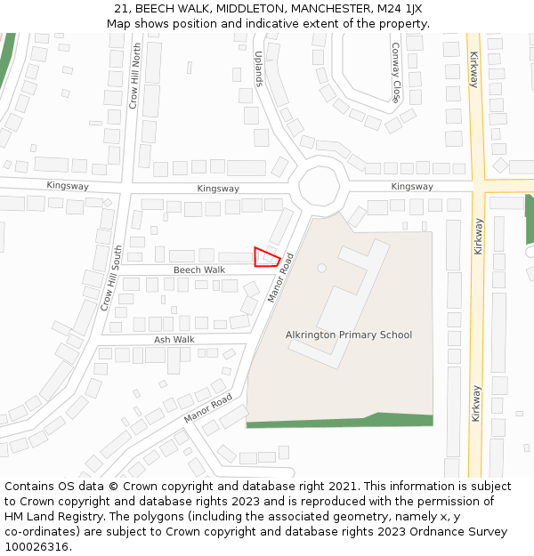21, BEECH WALK, MIDDLETON, MANCHESTER, M24 1JX: Location map and indicative extent of plot
