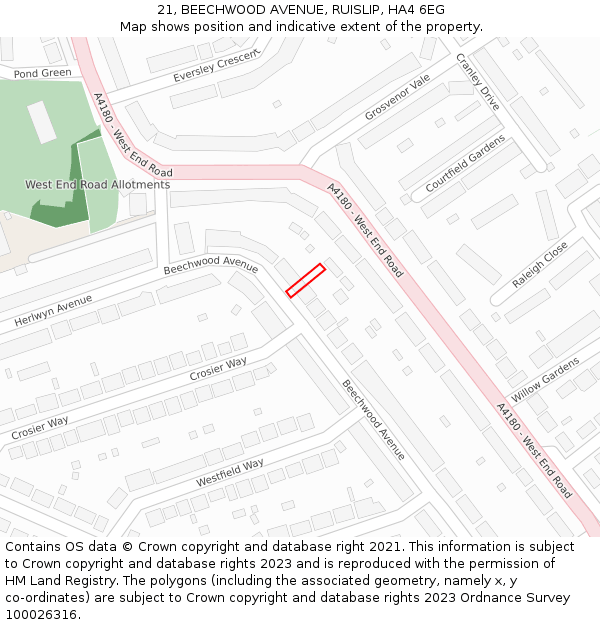 21, BEECHWOOD AVENUE, RUISLIP, HA4 6EG: Location map and indicative extent of plot