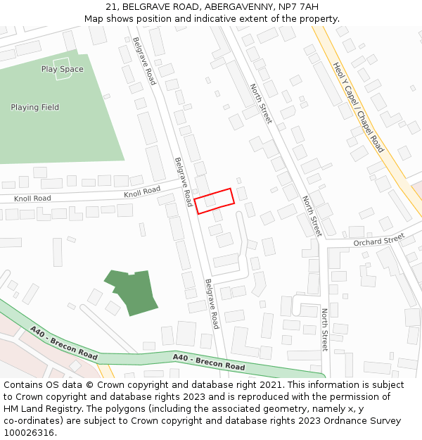 21, BELGRAVE ROAD, ABERGAVENNY, NP7 7AH: Location map and indicative extent of plot
