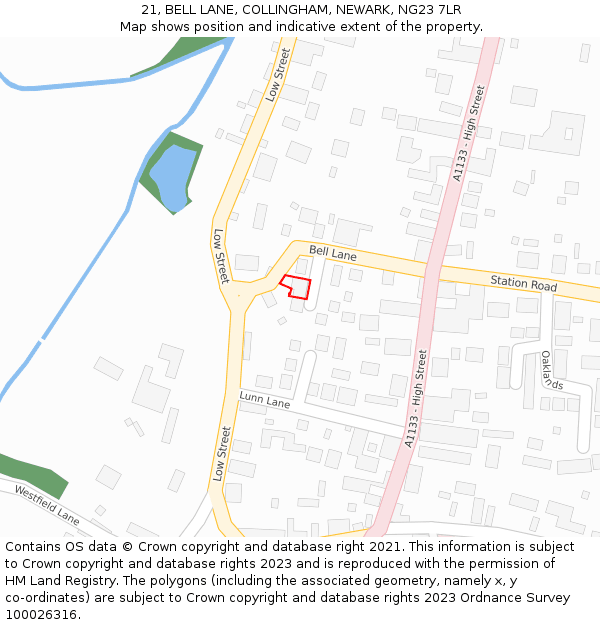 21, BELL LANE, COLLINGHAM, NEWARK, NG23 7LR: Location map and indicative extent of plot