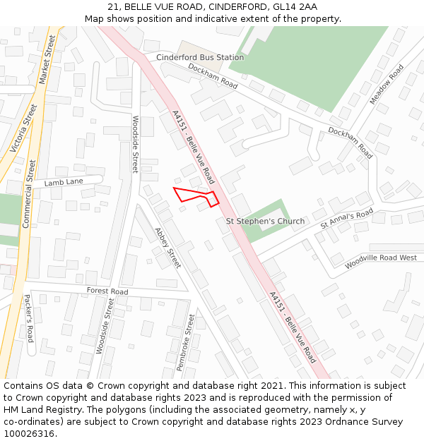21, BELLE VUE ROAD, CINDERFORD, GL14 2AA: Location map and indicative extent of plot
