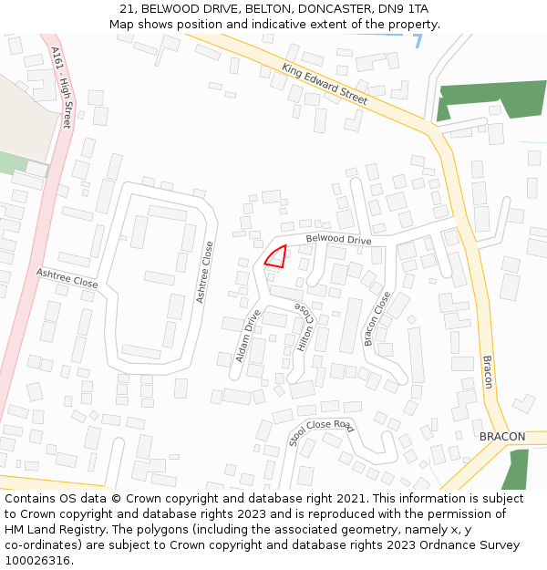 21, BELWOOD DRIVE, BELTON, DONCASTER, DN9 1TA: Location map and indicative extent of plot