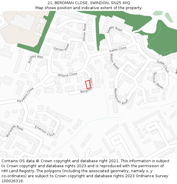 21, BERGMAN CLOSE, SWINDON, SN25 4XQ: Location map and indicative extent of plot