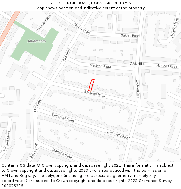 21, BETHUNE ROAD, HORSHAM, RH13 5JN: Location map and indicative extent of plot