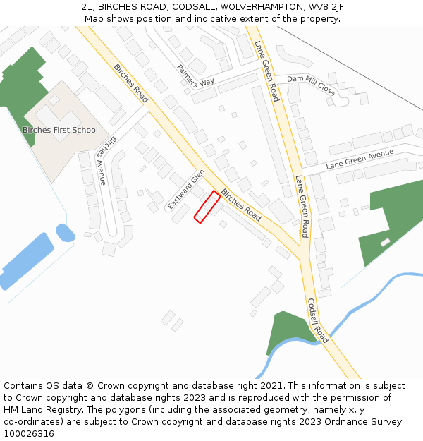 21, BIRCHES ROAD, CODSALL, WOLVERHAMPTON, WV8 2JF: Location map and indicative extent of plot